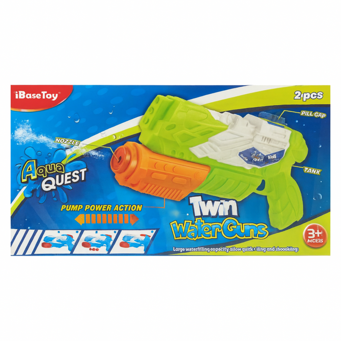 Box of iBaseToy Twin WaterCuns toy with green and orange design on a blue background