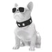 White dog-shaped speaker with sunglasses and a black collar on a white background
