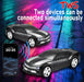 Two toy cars and a smartphone with a colorful digital background, featuring text about device connectivity.