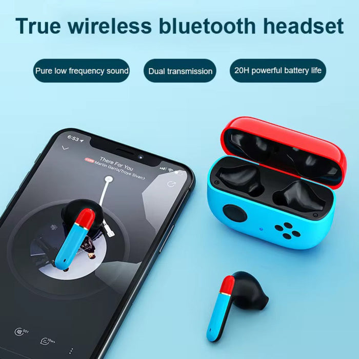 True wireless Bluetooth headset with charging case on a blue background