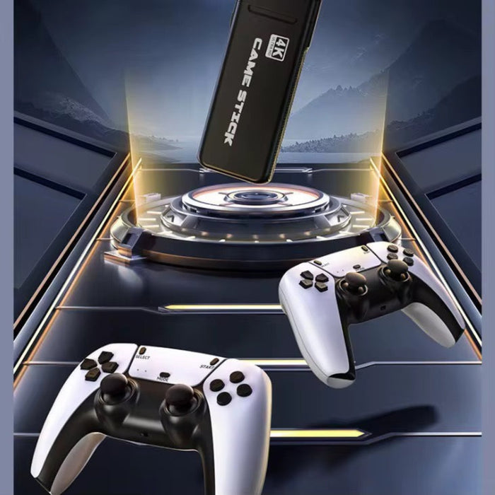 Gaming console with controllers on a dark background