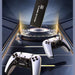 Gaming console with controllers on a dark background