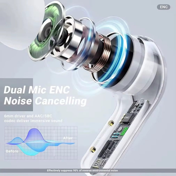 Close-up of a noise-cancelling earbud with technical details on a light gray background