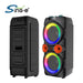 Black portable speakers with RGB lighting on a white background, featuring the Sing-e brand.