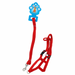 Red dog harness and leash set with a blue tag on a white background
