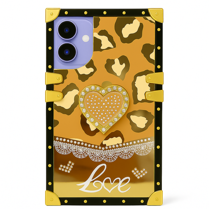 Luxury Leopard Heart Mirror Case for iPhone 16 – Kickstand, Ring Grip, 6 Colors