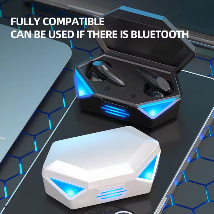 Wireless earbuds in charging case with compatibility text on a futuristic background