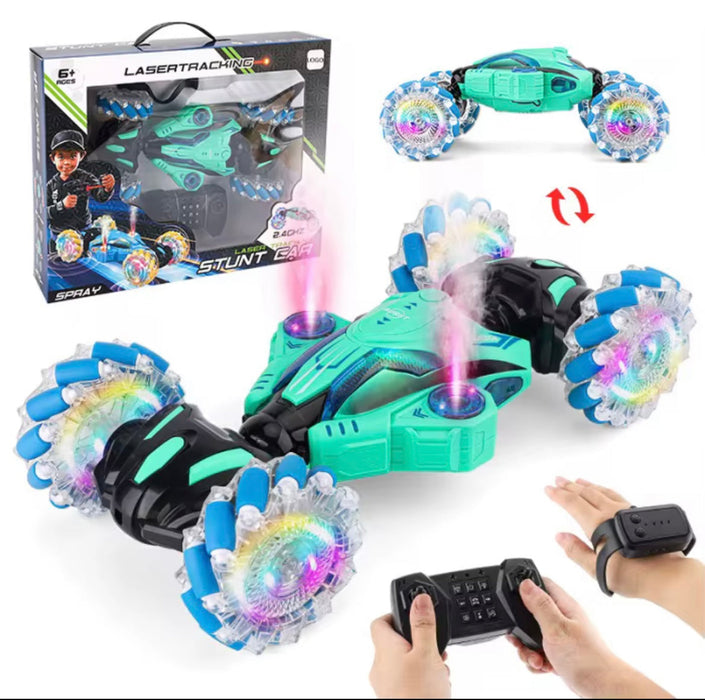 Toy car with colorful wheels, remote control, and wrist receiver on a white background