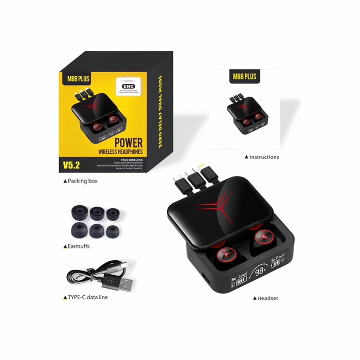 Power wireless headphones with packaging, earmuffs, and USB cable on a white background