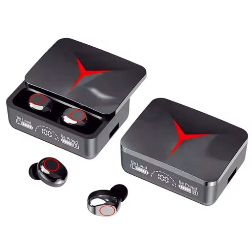 Black wireless earbuds with red accents and charging case on a white background