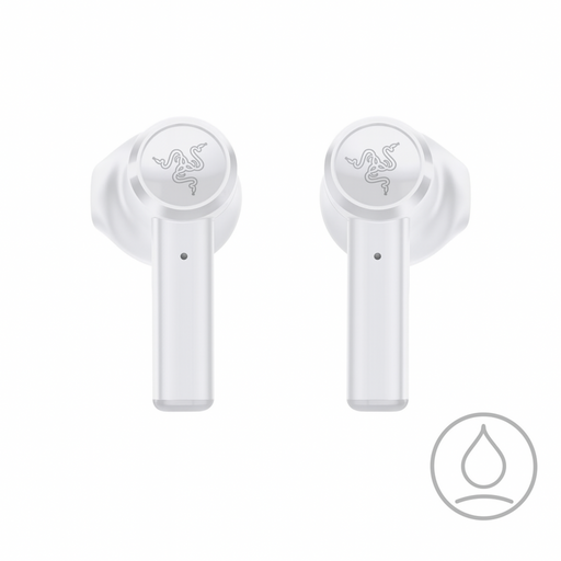 White wireless earbuds with Razer logo on a white background