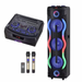 Black audio system with colorful lights, remote control, and microphones on a white background