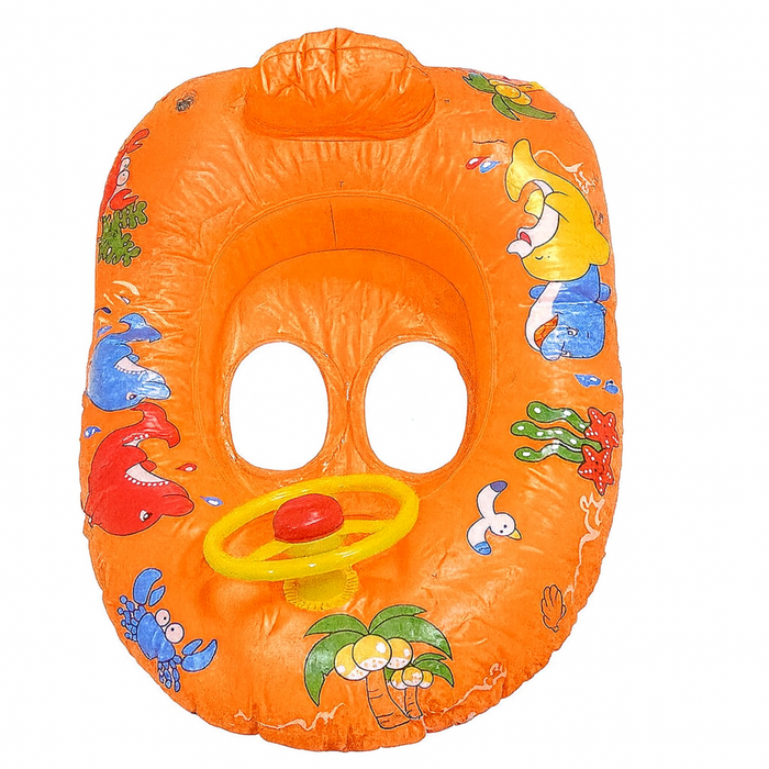 Orange inflatable pool float with cartoon animal designs on a white background