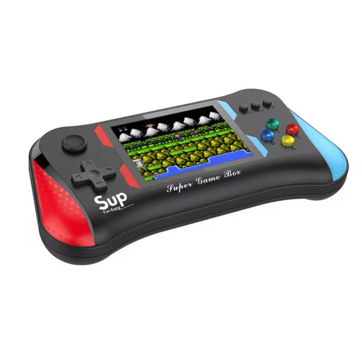 Handheld game console with screen displaying a game, on a white background