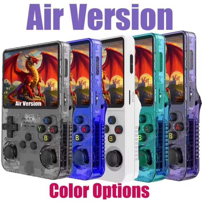 Handheld gaming console with dragon graphics on screen, shown in various colors.