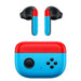 Blue and red wireless earbuds with charging case on a white background