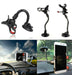 Set of car phone holders with different designs and a smartphone in use on a car dashboard.