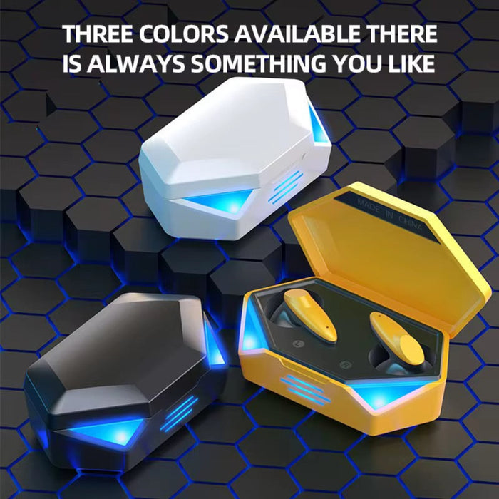 Three colorful earbud cases on a hexagonal patterned surface with text about color availability.