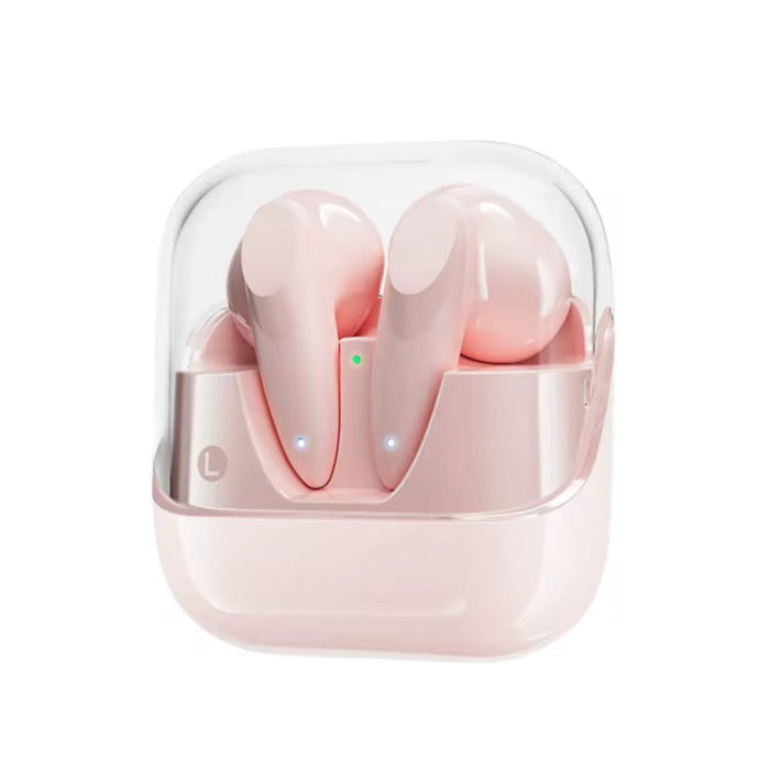 Pink wireless earbuds in clear case on white background