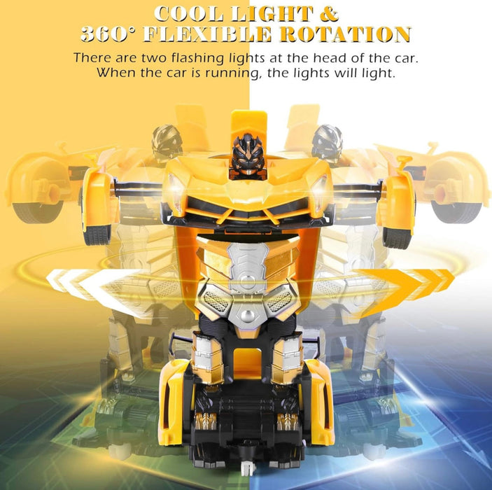 Toy car transforming into a robot with text about light and rotation features.