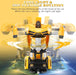Toy car transforming into a robot with text about light and rotation features.