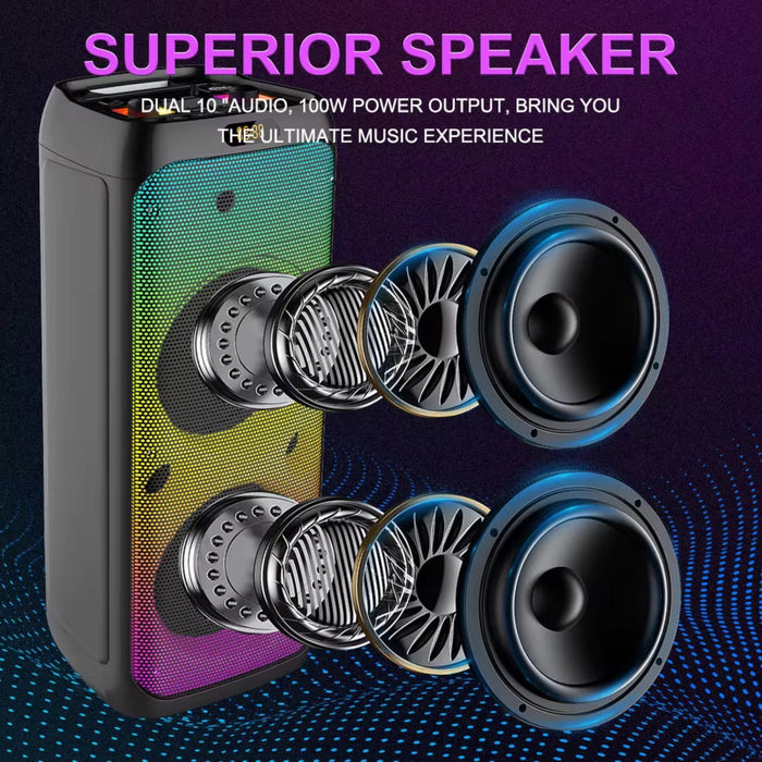 10” Party Bluetooth Speaker with Dual Wireless Microphones – RGB LED, 100W Power, FM Radio