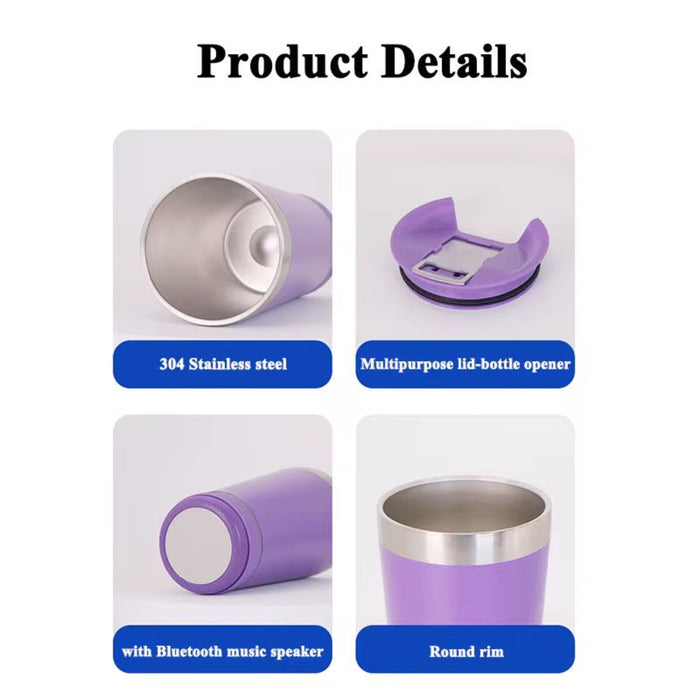 Product details of a purple and silver cup with Bluetooth speaker on a white background