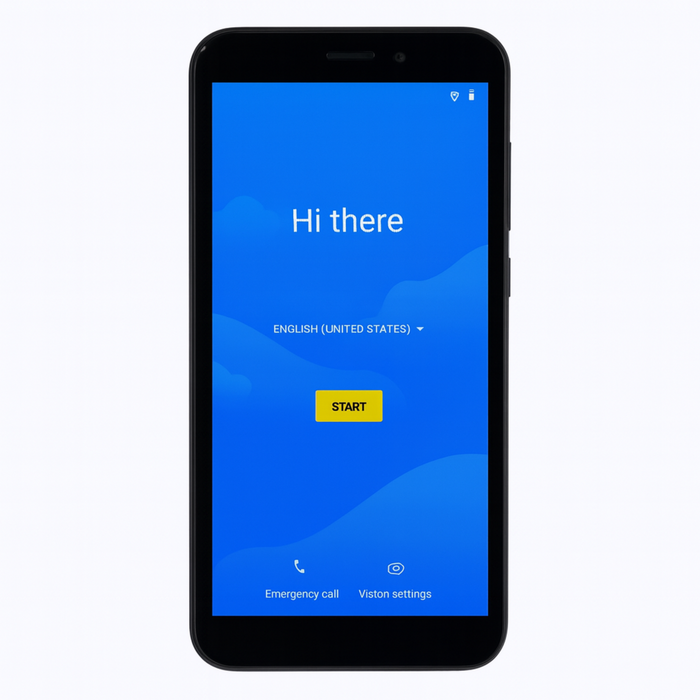 Smartphone displaying a language selection screen with 'Hi there' on a blue background.