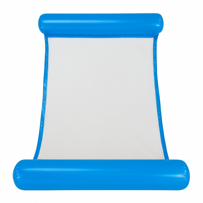 Blue inflatable pool float with a white mesh center on a white background
