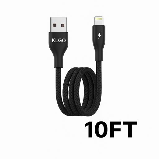 Black KLGO cable with USB and Lightning connectors on a white background, labeled '10FT'.