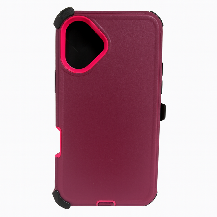 Pink phone case with black accents on a white background