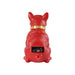 Red dog-shaped speaker with a gold collar on a white background