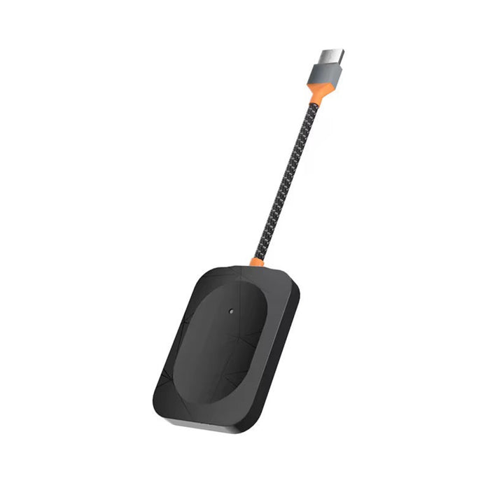 Black wireless charging pad with a cable on a white background