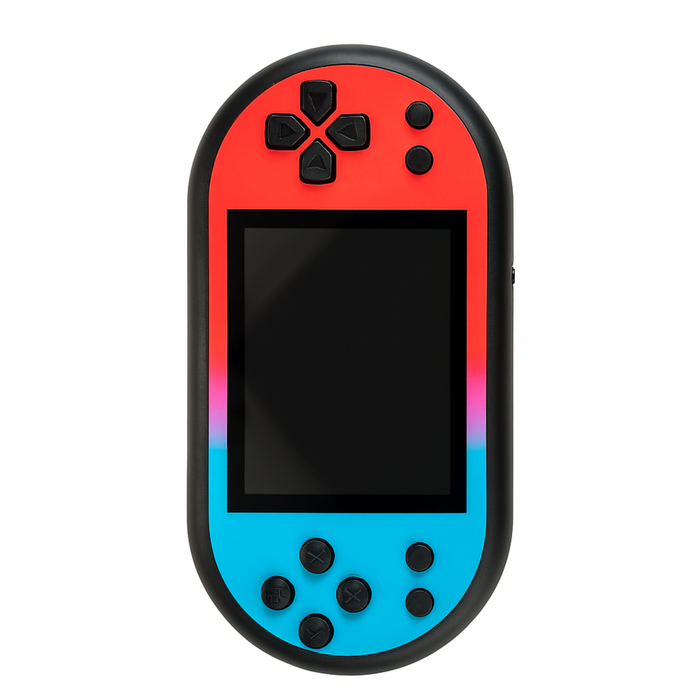 Handheld gaming console with red and blue design on a white background