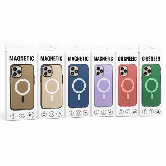 Packaging of six phone cases in different colors with brand names on a white background
