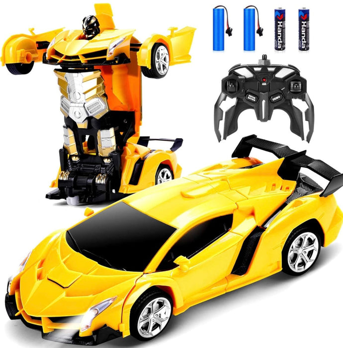 Transforming toy car with robot and remote control components on a white background