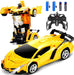 Transforming toy car with robot and remote control components on a white background