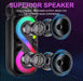 Speaker with RGB lighting and text about superior speaker quality on a dark background