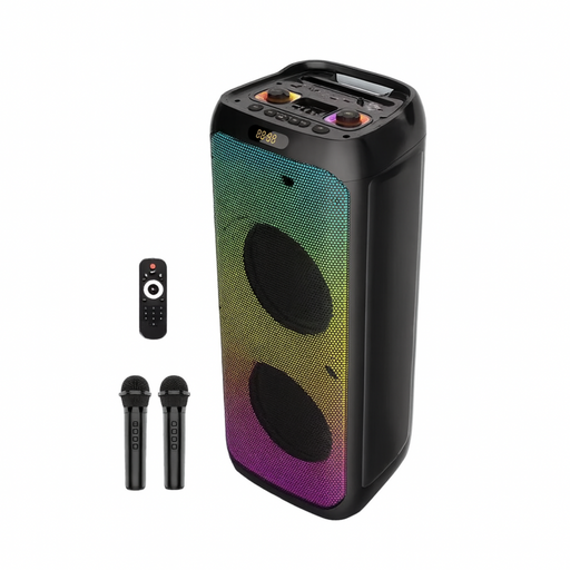 Portable party speaker with wireless microphones and remote control on a white background