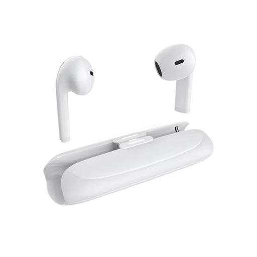 White wireless earbuds with charging case on a white background