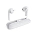 White wireless earbuds with charging case on a white background