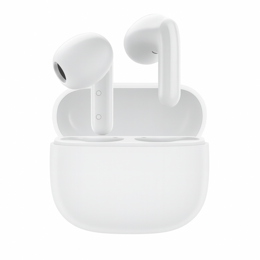 White wireless earbuds with charging case on a white background