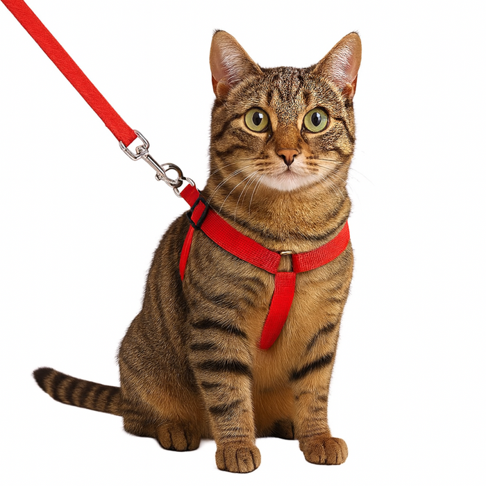 Cat wearing a red harness and leash on a white background