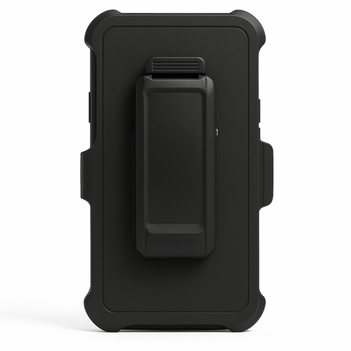 Black phone case with a holster on a white background