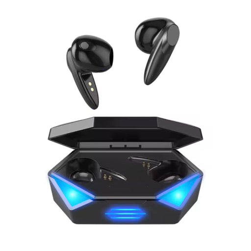 Black wireless earbuds with a hexagonal charging case on a white background