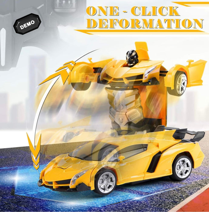 Yellow toy car with robot transformation feature on a gray background