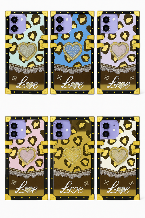 Luxury Leopard Heart Mirror Case for iPhone 16 – Kickstand, Ring Grip, 6 Colors