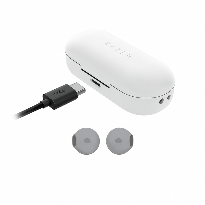 Razer USB-C adapter with two earbuds on a white background