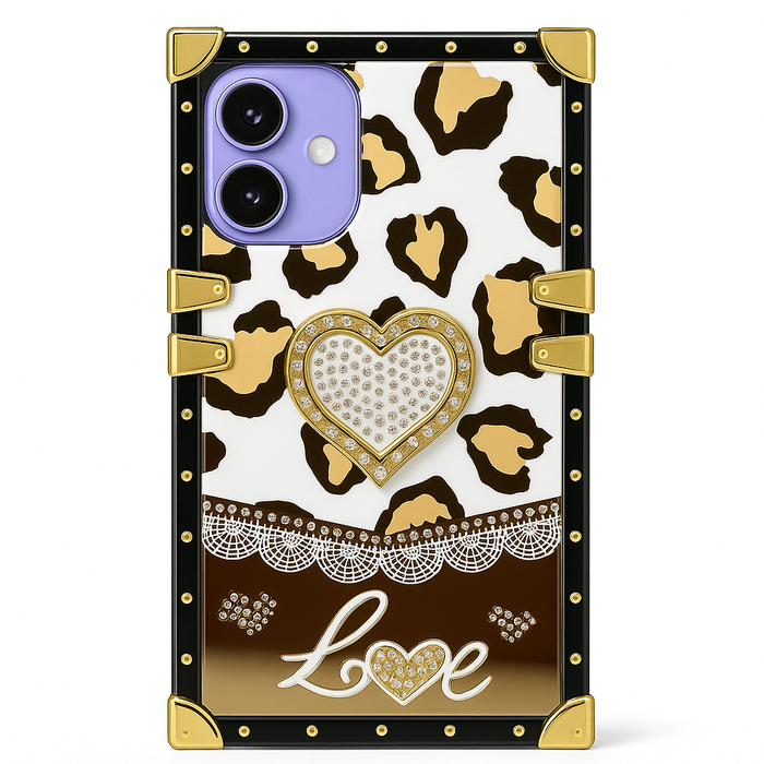 Luxury Leopard Heart Mirror Case for iPhone 16 – Kickstand, Ring Grip, 6 Colors
