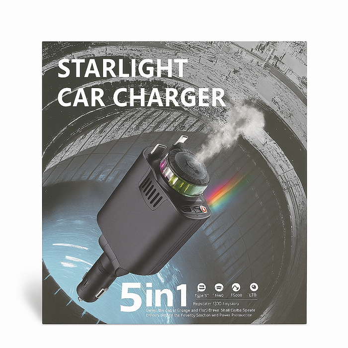 5-in-1 Starlight Car Charger with LED Light, Perfume Diffuser, Fast Charging & Dual USB